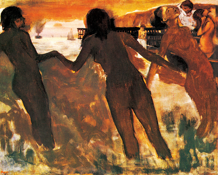  girls bathing in the sea at dusk